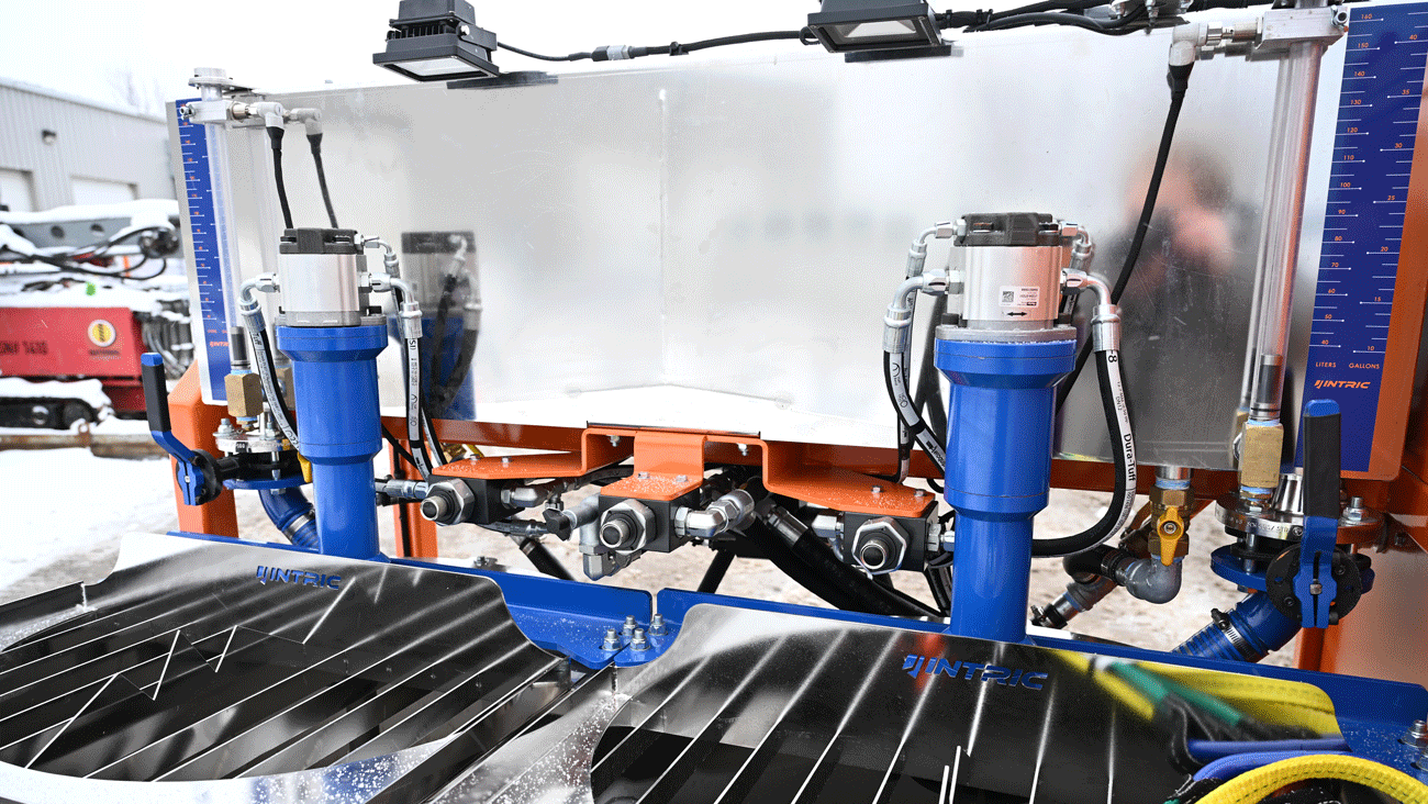 Intric D9 colloidal grout plant twin mixing hoppers and pump columns at National Piling Products yard