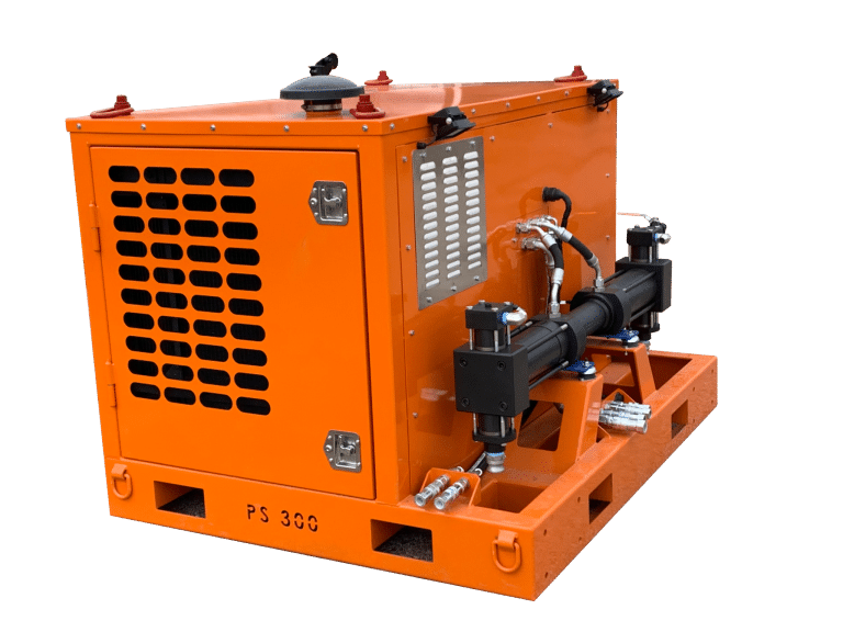 Intric PS300 skid‑mounted high‑pressure grout pump unit with enclosed orange power pack and dual piston pump assembly for foundation grouting.