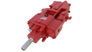 TEI TE760 large red hydraulic rock drill head with stepped threaded shank and multiple ports.
