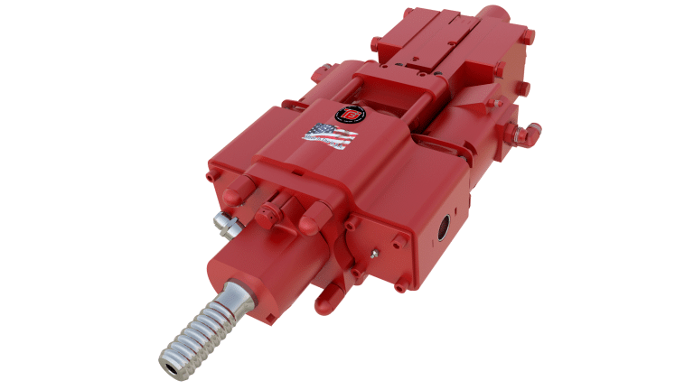TEI TE760 large red hydraulic rock drill head with stepped threaded shank and multiple ports.