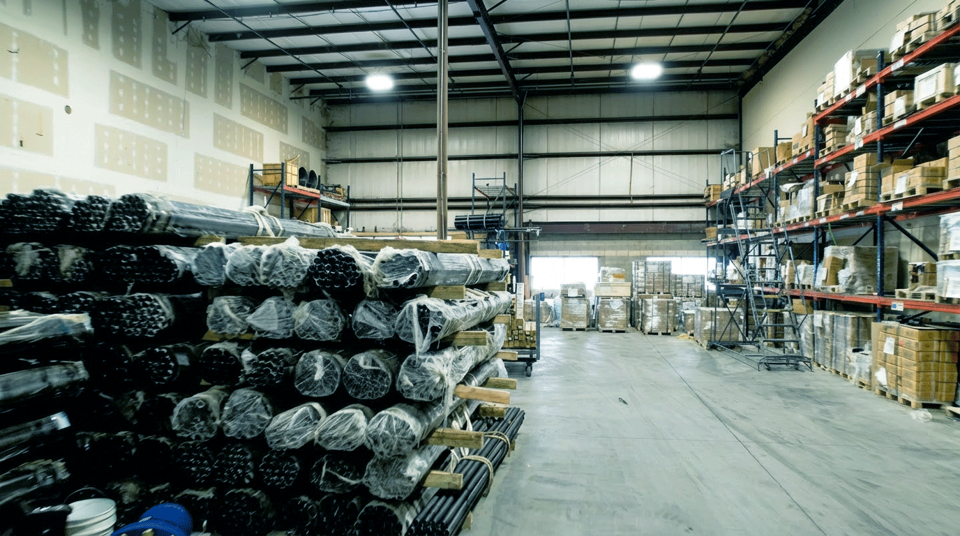 Warehouse inventory of wrapped hollow bar micropile bundles and drilling accessories at National Piling Products.
